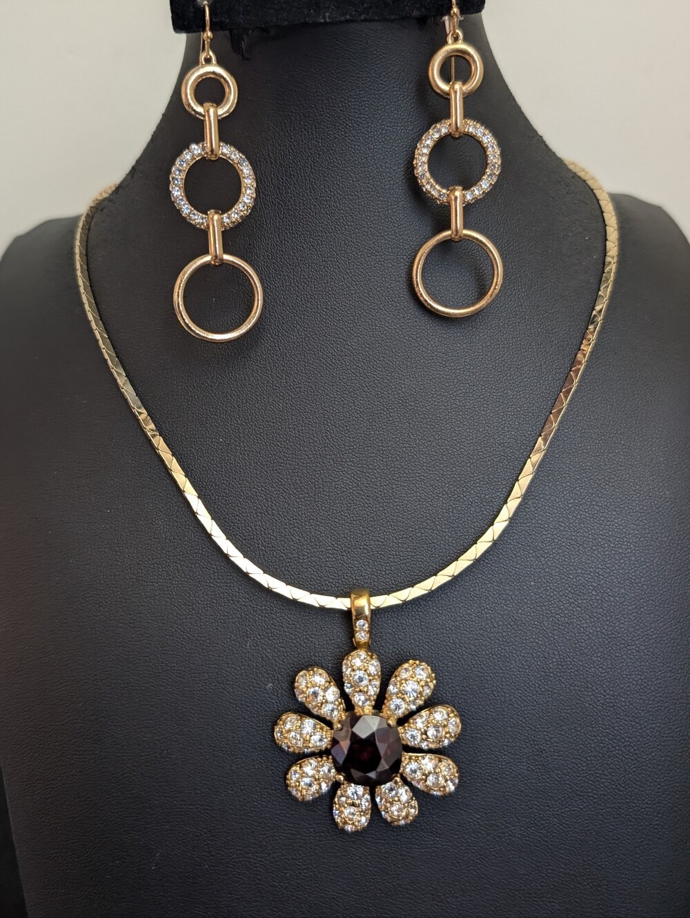 Vintage Nolan Miller Flower Pendant Necklace With Crystals & Amethyst